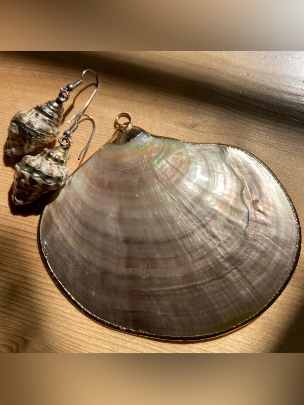 Vintage Gold Trimmed Sea Shell Earrings and Pendant (no chain included)